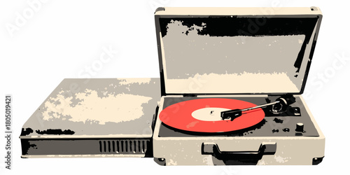 Vintage portable record player with a red vinyl record spinning on a white background