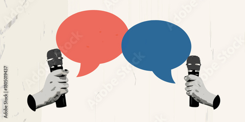 Two hands holding microphones with red and blue speech bubbles representing dialogue and debate