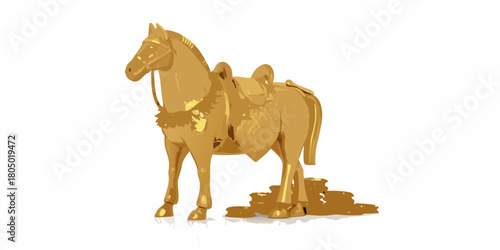 Golden horse statue with saddle standing on a pile of gold coins isolated on white background