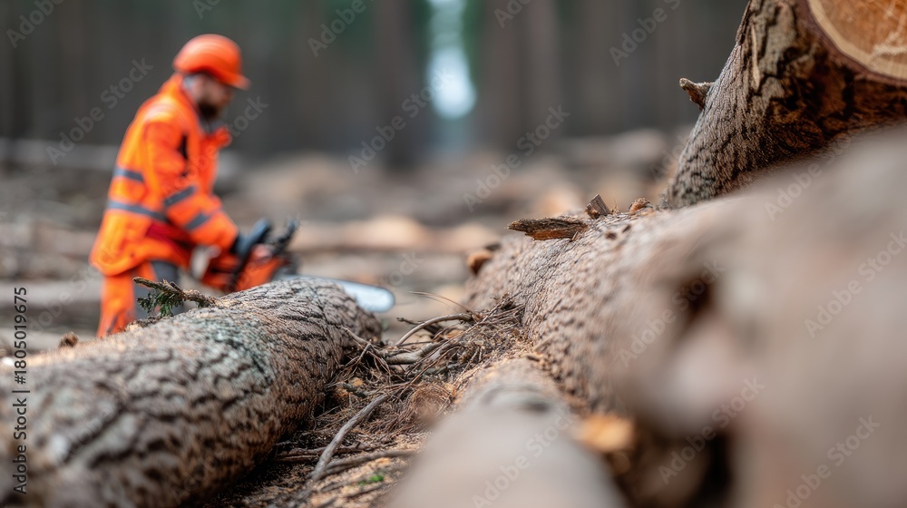 Obraz premium A person uses a chainsaw to cut a large log by a tranquil waterbody, surrounded by lush greenery on a sunny day