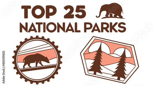 “Top 25 national parks in badge layout, retro vector”