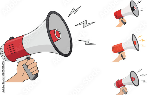 Hand holding loud red megaphone with sound waves, cartoon communication device illustration for announcement, alert message, promotion and warning design