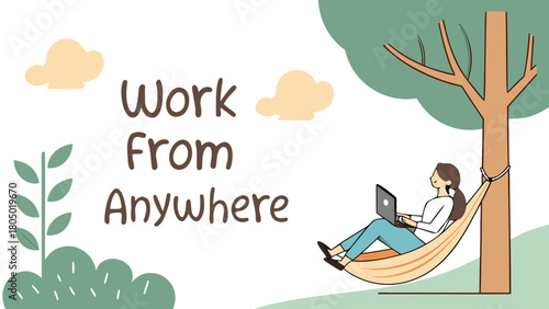 “Digital nomad quote: “Work From Anywhere” with laptop and hammock, modern vector”
