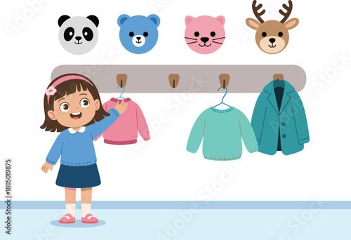 Cute little girl choosing clothes from animal-themed wall hooks, children wardrobe organization illustration for preschool learning, kindergarten dressing activity art
