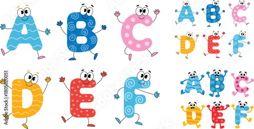 Cute colorful cartoon alphabet letters A to F with smiling faces, playful kids education design for learning, preschool teaching materials