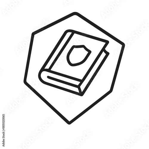 Minimal black 45-degree tilted principles book symbol in pentagon marker, fine-outline vector with no shading, used for ethical awareness and corporate governance interfaces.