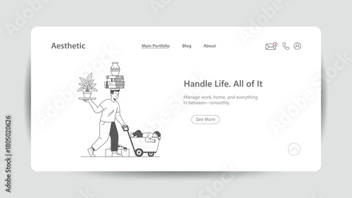 Work-Life Balance and Productivity Web Design Concept. Modern vector illustration of a person balancing multiple life elements on a cart with a sleeping passenger, symbolizing multitasking,