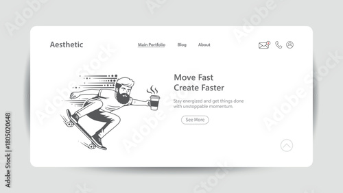 “Speed and Productivity Web Design Concept. Energetic vector illustration of a skateboarder holding coffee while moving fast, representing creativity, efficiency, and rapid digital workflow.
