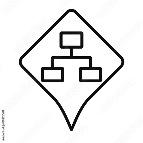 Thin-outline black hierarchical flowchart icon inside diamond pin, transparent background, ideal for operations planning and workflow structure in management dashboards.