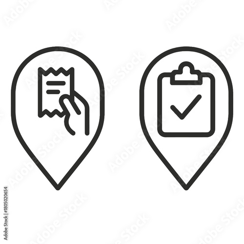Fine-line icon inside location pin showing restaurant ordering concept, ideal for delivery and POS interface, flat black vector, commercial use.