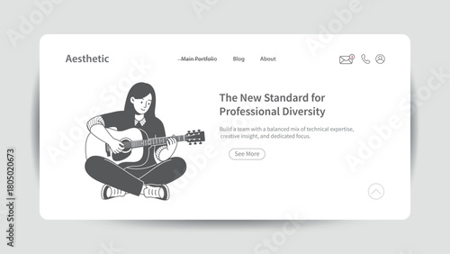 Minimalist Music and Creativity Web Design Concept. Elegant vector illustration of a woman sitting and playing an acoustic guitar, representing relaxation, artistry, and musical expression.