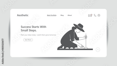 Minimalist Gardening and Nature Care Web Design Concept. Clean vector illustration of a woman planting seeds in a garden, symbolizing growth, sustainability, and eco-friendly lifestyle.