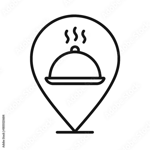 Thin-line black steamed dish icon inside teardrop pin, transparent background, ideal for hot meal locator, restaurant delivery apps and food service UI.