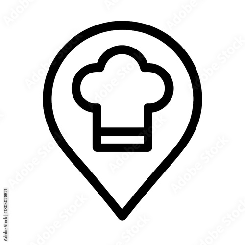 Minimalist black restaurant chef hat symbol placed inside a pin marker, perfect for mobile apps and websites, simple vector icon style, transparent PNG for commercial use.