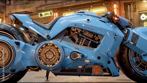 Futuristic blue motorcycle in neon-lit urban alleyway capturing speed and technology, cyberpunk bike theme