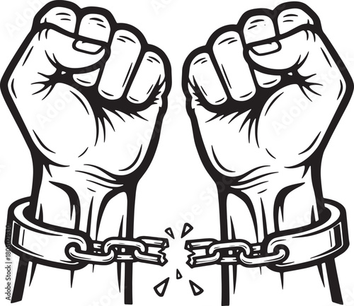 Broken chain symbolizing freedom and liberation, strong fists raised