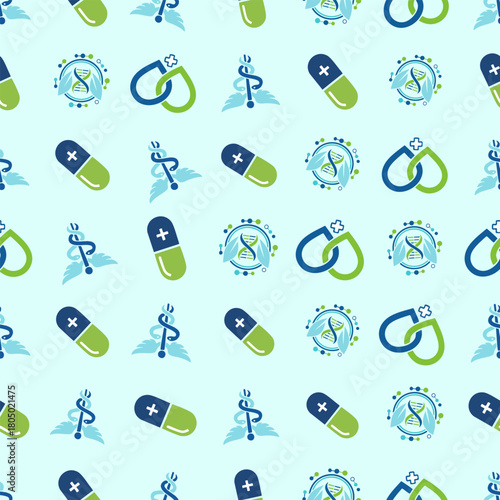 Seamless medical background with capsules dna symbols and healthcare icons
