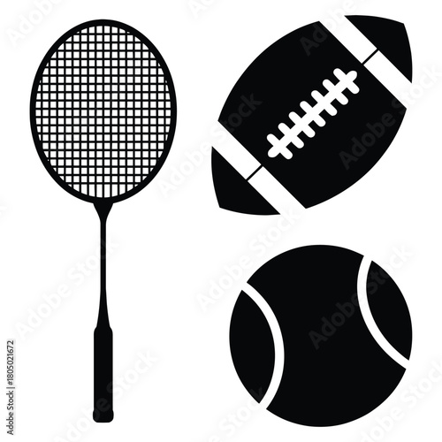 A badminton racket, tennis ball, and football are grouped together isolated on white background