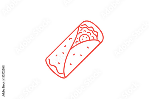 Red Outline Icon of a Mexican Burrito or Wrap with Savory Fillings and Minimalist Design