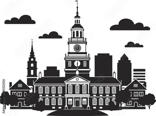 Black silhouette vector of historic Independence Hall in Philadelphia and modern downtown skyline background illustration.