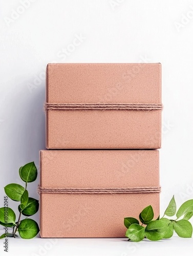 Two stacked plain pink gift boxes tied with rustic twine, with fresh green leaves on the side, presented against a clean white backdrop.
