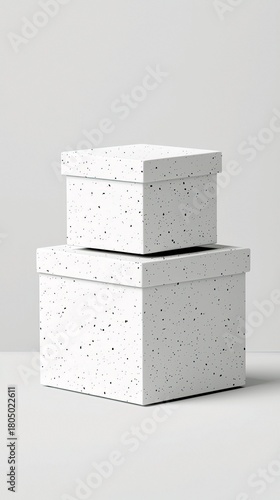 Two white cubic boxes with a black speckled pattern are stacked, one on top of the other, on a clean white surface.