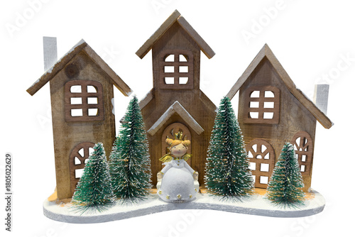 Photography wooden house with a snow angel isolated on white background