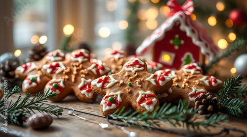 Gingerbread cookies on a festive table with Christmas lights glowing in the background
