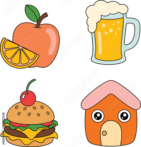 Collection of funny vector doodle icons including cartoon fruit, beer glass, delicious burger, and cute house character illustration set.