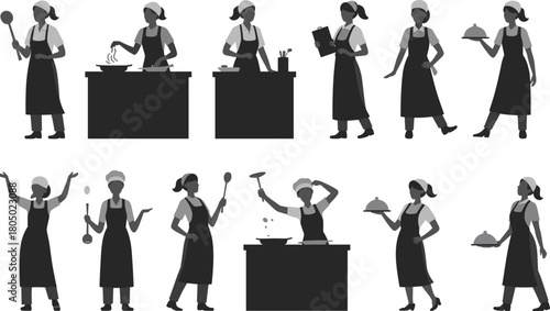 Cooking woman silhouette vector set with aprons, utensils, recipe gestures, food preparation poses, and expressive kitchen activity icons