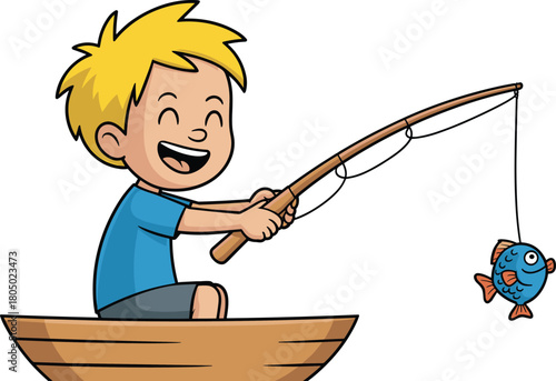 Cute cartoon boy sitting in small wooden boat fishing and successfully catching a cheerful blue fish vector illustration artwork.