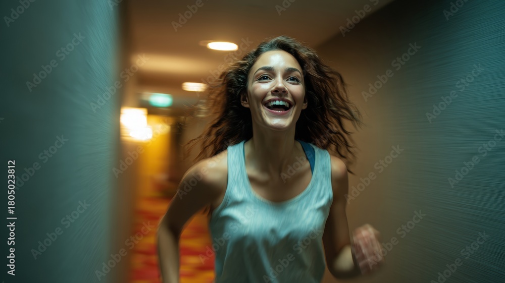 Naklejka premium Woman Running Through Hallway with Joyful Expression and Motion Blur