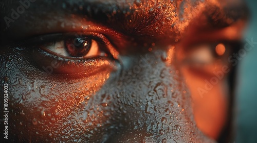 Close-up of a person's intense, sweaty face with water droplets and dramatic lighting.