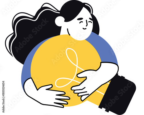 Woman hugging a large yellow light bulb with a white filament