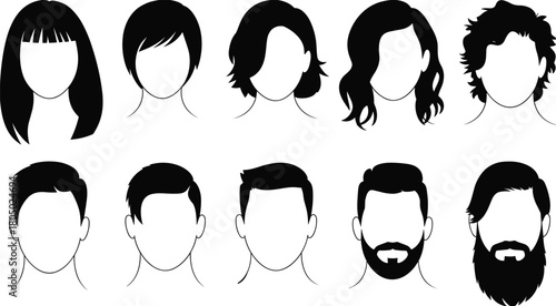 Hairstyle and beard silhouette vector set with male and female styles, grooming icons, character design elements, and fashion references