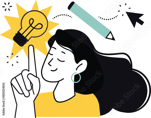 Woman with lightbulb idea and pencil illustration girl