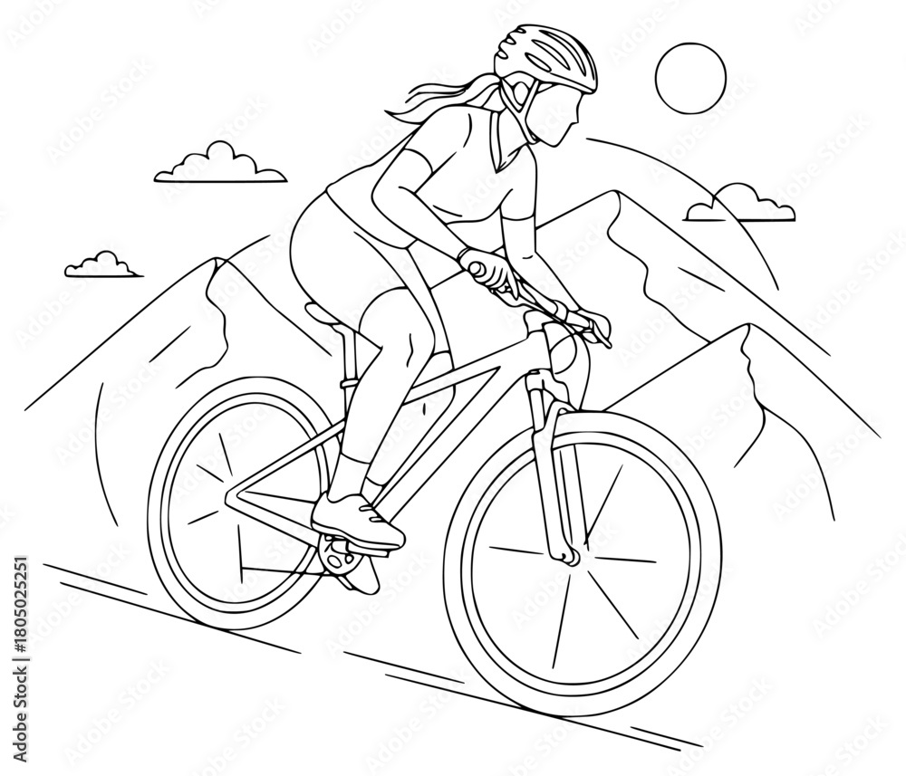 Naklejka premium A line drawing of a female cyclist riding a mountain bike, bicycle, bicycle helmet, biker, cycle, girl, illustration, mountain, mountain bike, ride, woman, against transparent background