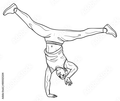 A black and white line drawing of a man performing a handstand, athletic, balance, gymnast, handstand, illustration, man, pose, sketch, stretch, trick, woman, against transparent background