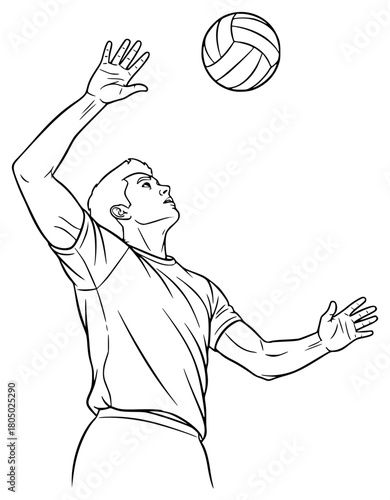 A line drawing of a male volleyball player serving the ball, ball, beach volleyball, beat, black, hand, illustration, man, play, spike, volleyball, volleyball player, against transparent background