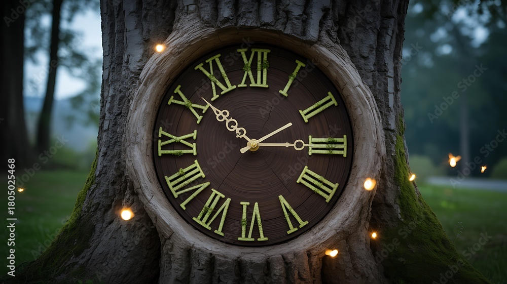 Fototapeta premium Vintage clock embedded in tree trunk creating natural forest concept 