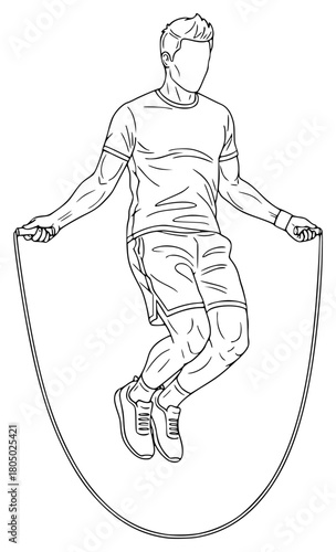 A line drawing of a man jumping with a skipping rope, boy, football player, illustration, jump, jump rope, man, rope, rope bridge, against transparent background