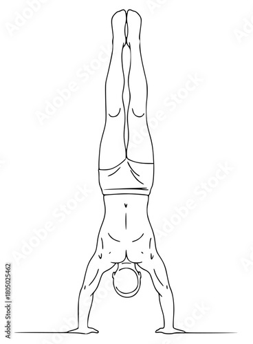 A line drawing of a person performing a handstand, athletic, balance, floor, gymnast, handstand, illustration, man, pose, stand, stretch, woman, against transparent background
