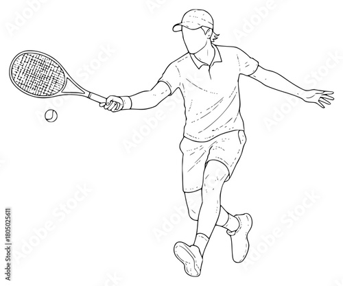 A line drawing of a male tennis player serving a ball with a racquet, ball, beat, illustration, man, play, racket, swing, swinge, tennis, tennis player, tennis racket, against transparent background