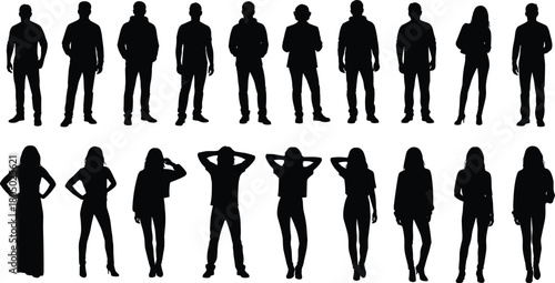 Silhouettes of diverse men and women standing in various poses, isolated black human figures on white background for design and advertising