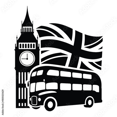 Silhouette of london landmarks including big ben, a doubledecker bus, and the union jack flag isolated on white background