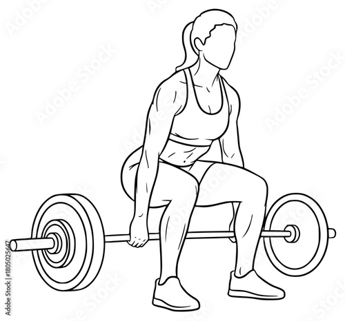 A line drawing of a woman squatting with a barbell, athletic, barbell, exercise, girl, illustration, lift, muscle, squat, weight, woman, against transparent background