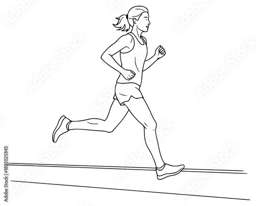 A line drawing of a woman running, wearing a sleeveless top and shorts, girl, illustration, jog, marathon, run, runner, track, woman, against transparent background