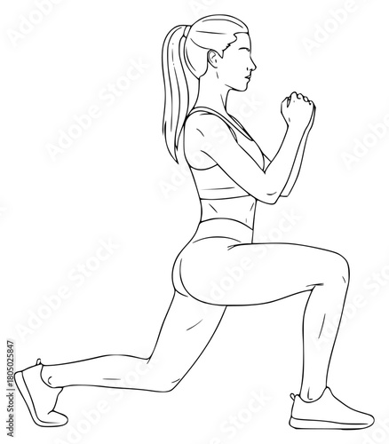 A line drawing of a woman performing a squatting exercise, athletic, girl, illustration, jog, muscle, ponytail, profile, run, woman, against transparent background