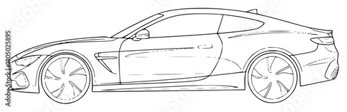 A line drawing of a sports car, car, drawing, illustration, outline, sedan, sketch, sports car, against transparent background