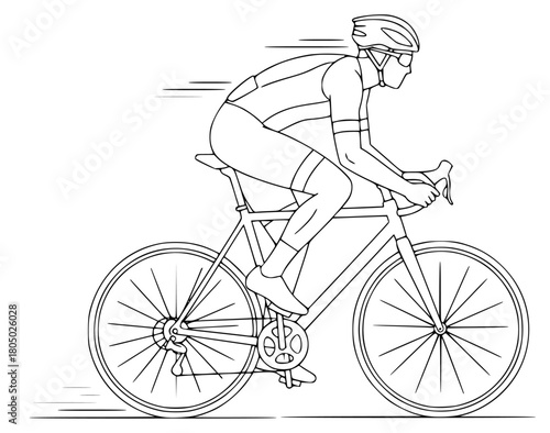 A line drawing of a cyclist riding a bicycle, bicycle, bicycle helmet, biker, cycle, helmet, illustration, man, ride, against transparent background